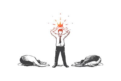 Hand drawn narcissistic man with crown on head. Male person in white shirt and people worships to him isolated vector illustration